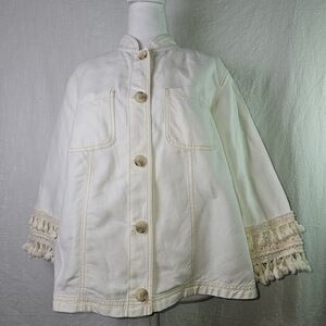 Chicos Cream Button-Up Jacket with Fringe Sz 2 Boho Hippie Utility Spring